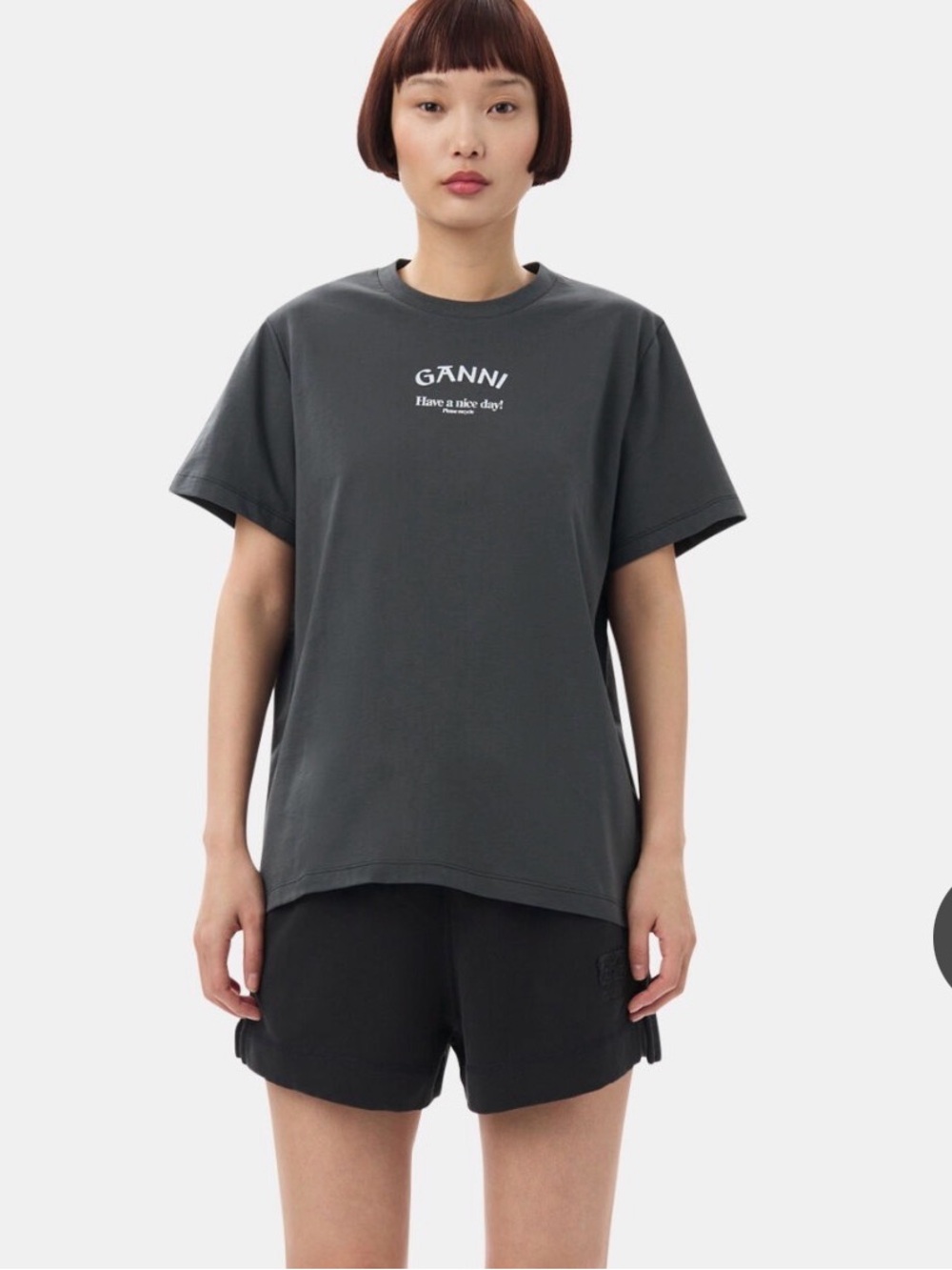 Ganni Gray Crewneck Tee with White Logo